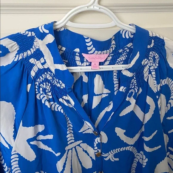 Lilly Pulitzer Elsa Blue and White Nautical Print 100% Silk Long-Sleeve Top - Picture 7 of 7